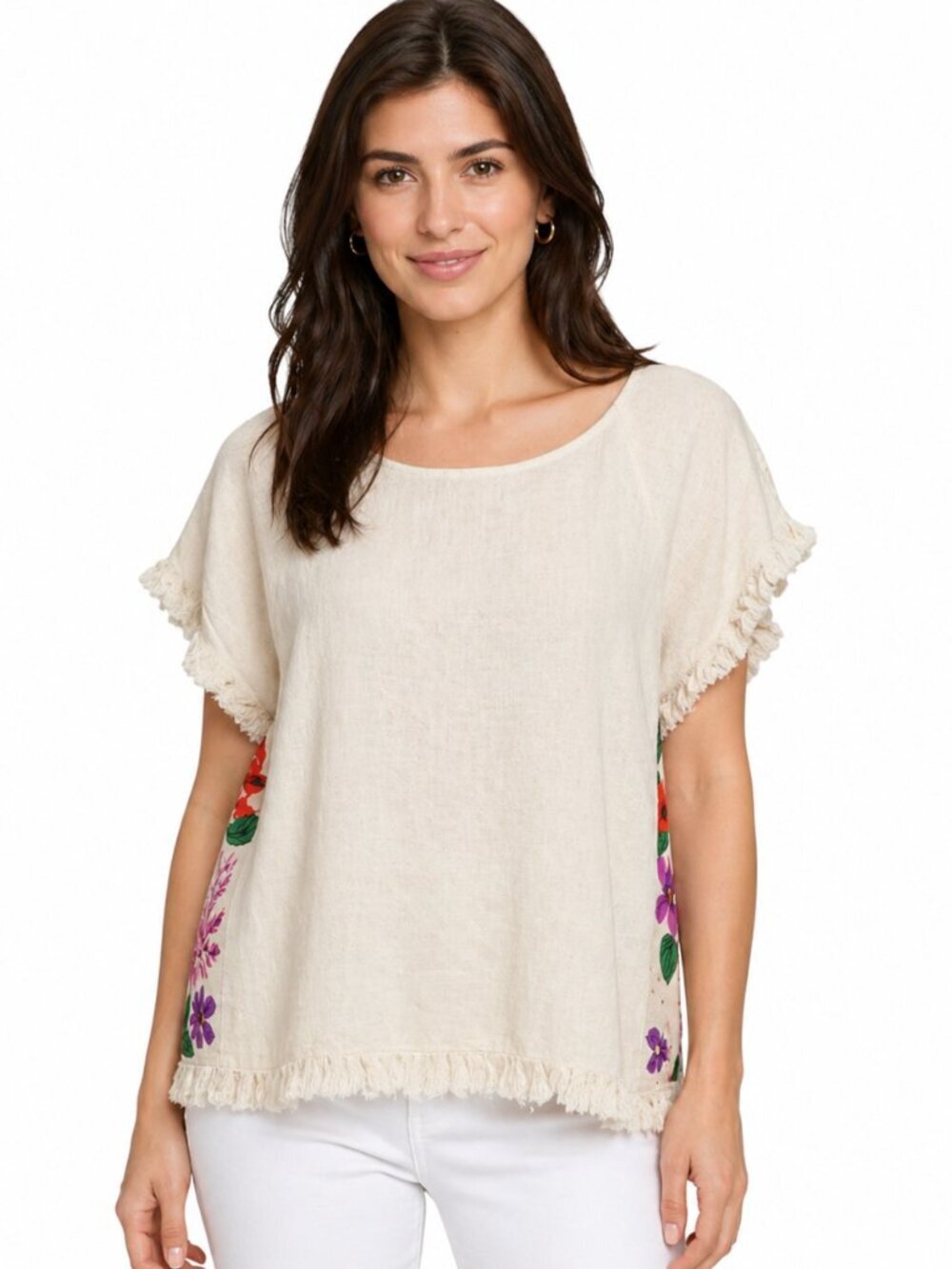 Umgee Cream Floral Mixed Print Pullover Top Fringe Hem Boho Short Sleeve Small